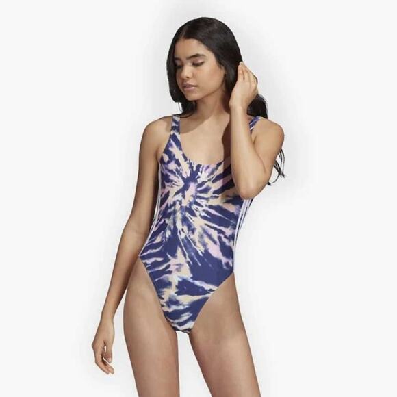 Adidas Navy Tie Dye One Piece 3 Stripe Swimsuit Large - Picture 1 of 9